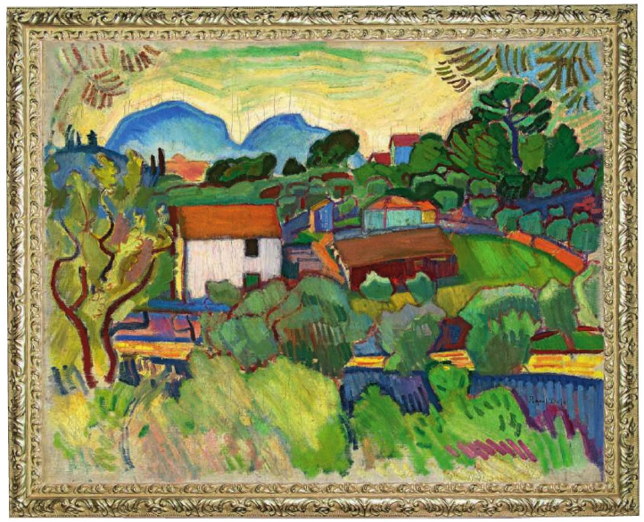 Raoul Dufy, La rivière — un paysage avec un chemin, une forêt, une rivière, des arbres, de l'herbe et des maisons.